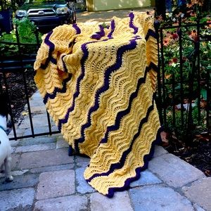 Vintage Afghan throw yellow and purple.